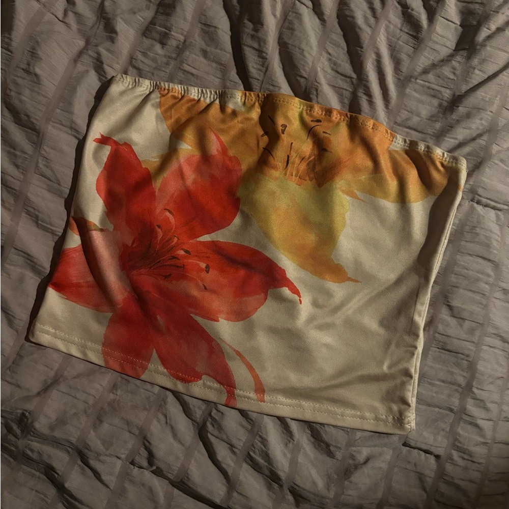 Floral Tube Top with Red and Orange Flowers